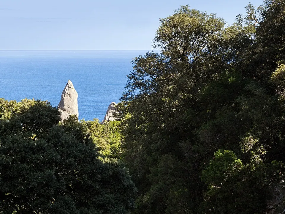 Die Bucht Cala Goloritzé auf Sardinien mit türkisfarbenem Wasser und einer hohen Felsnadel