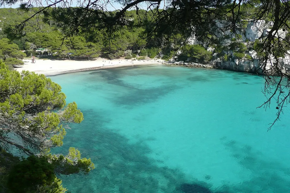 Die Bucht Cala Macarella auf Menorca mit hellem Sand, Kiefernwald und türkisfarbenem Wasser