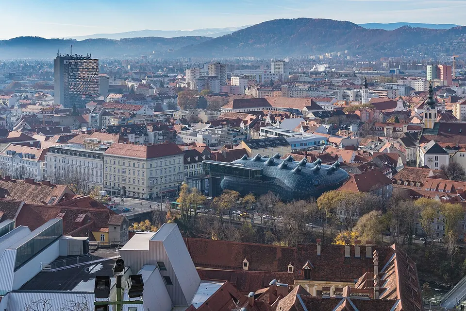 Steiermark: View over Graz from Schlossberg to southwest