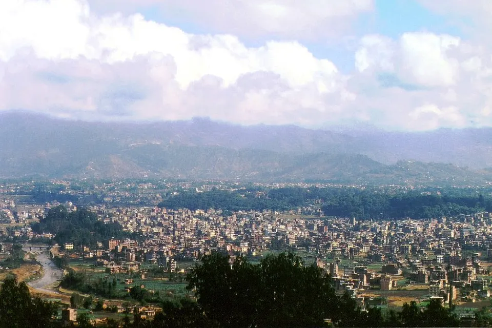 Nepal: Looking north-east across Kathmandu valley from Swayambunath (Monkey Temple). Vishnumati River on the left.Kathmandu Valley