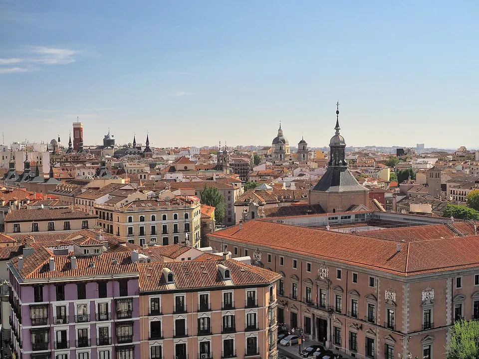 Madrid: A nice view of numerous fine buildings with exterior balconies in Madrid, Spain.